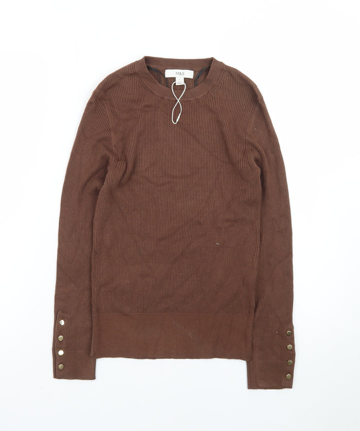 Marks and Spencer Women Brown Size 8 Crew Neck Rib-Knit Jumper
