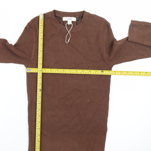 Marks and Spencer Women Brown Size 8 Crew Neck Rib-Knit Jumper
