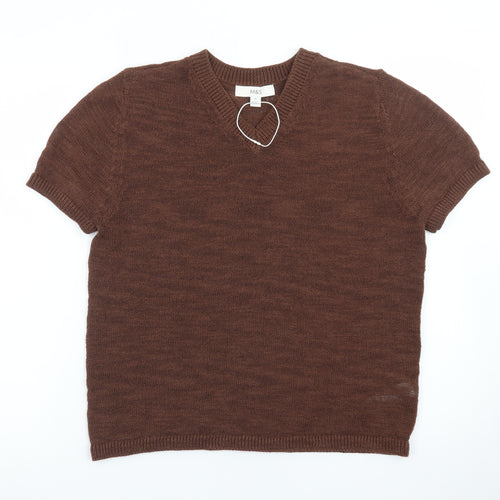 Marks and Spencer Women's Brown Wool Blend V-Neck Jumper M