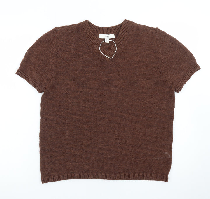 Marks and Spencer Women's Brown Wool Blend V-Neck Jumper M