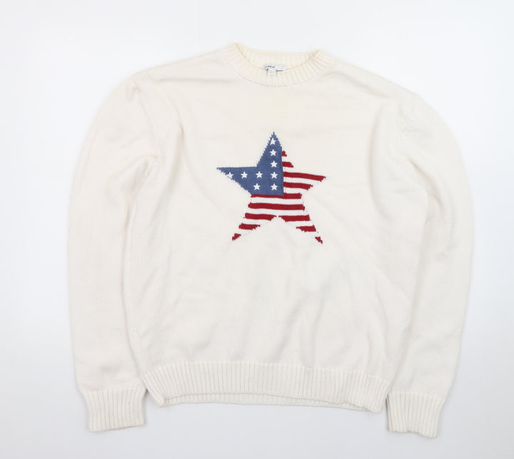 Subdued Women White Crew Neck Star Patriotic Cotton Blend Jumper M