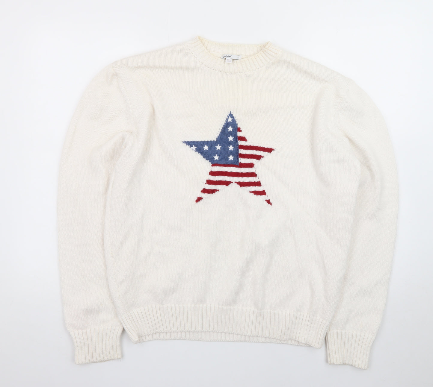 Subdued Women White Crew Neck Star Patriotic Cotton Blend Jumper M