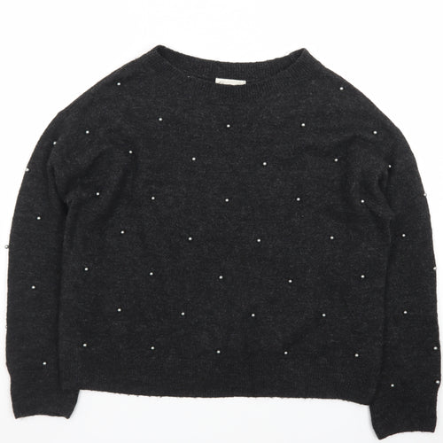 H&M Women's Black Beaded Crew Neck Knit Jumper Size S