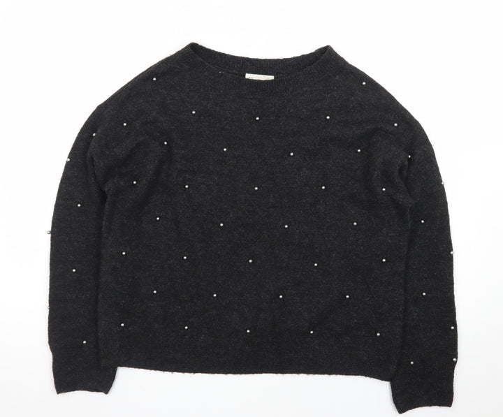 H&M Women's Black Beaded Crew Neck Knit Jumper Size S