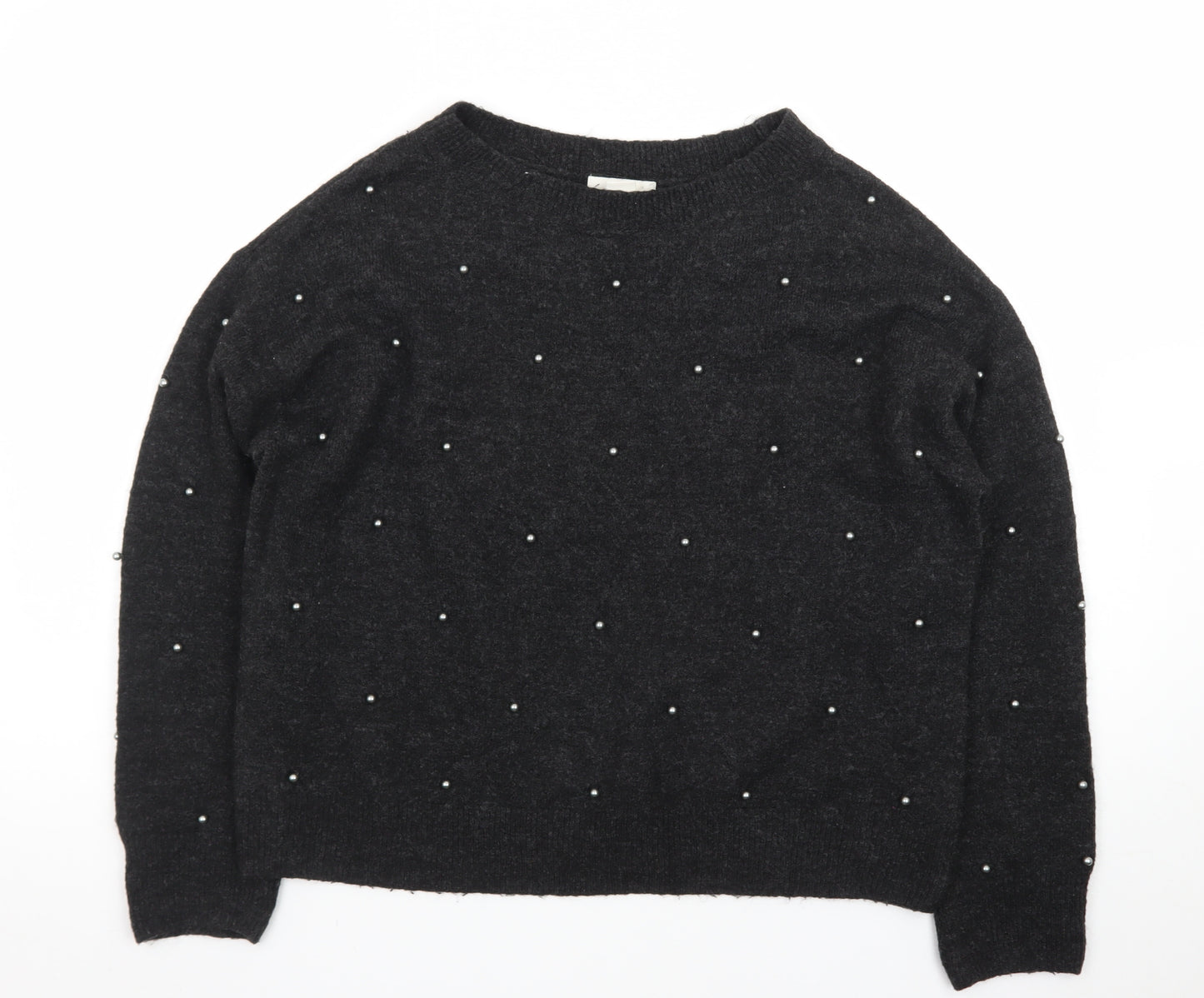 H&M Women's Black Beaded Crew Neck Knit Jumper Size S