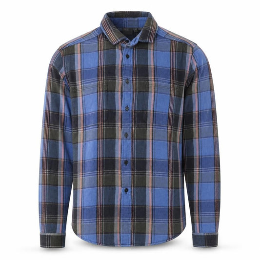 Front view of ASOS men’s blue checked flannel button-up shirt, size M