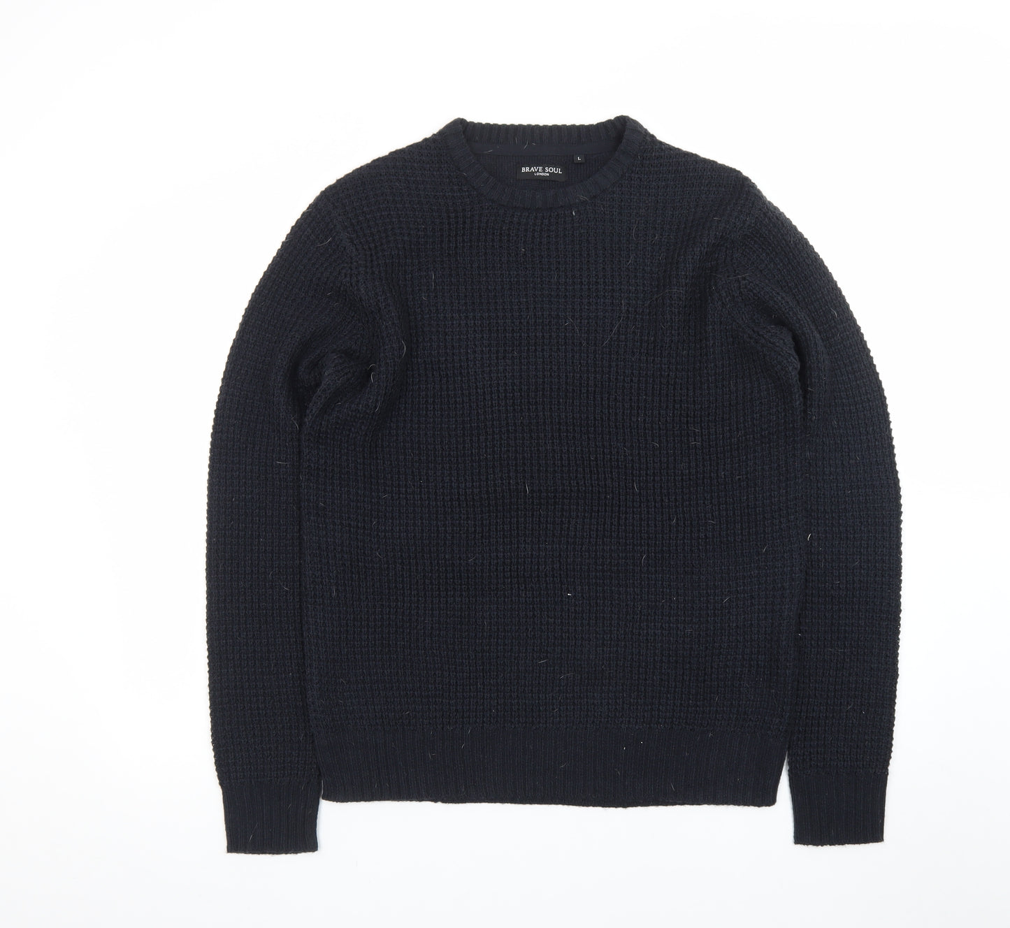 Brave Soul Men's Black Waffle Knit Crew Neck Jumper Size L