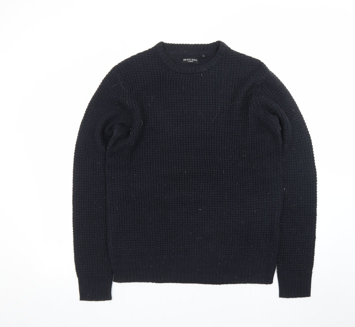 Brave Soul Men's Black Waffle Knit Crew Neck Jumper Size L