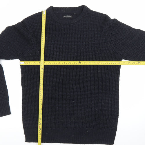 Brave Soul Men's Black Waffle Knit Crew Neck Jumper Size L