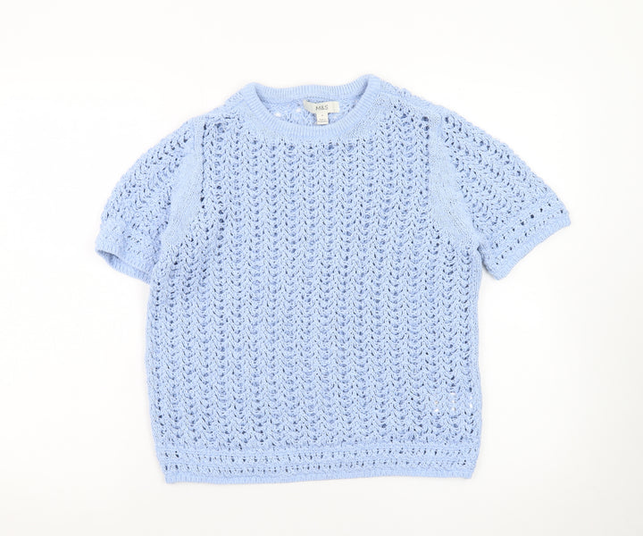 Marks and Spencer Women's Blue Open Knit Short Sleeve Jumper M