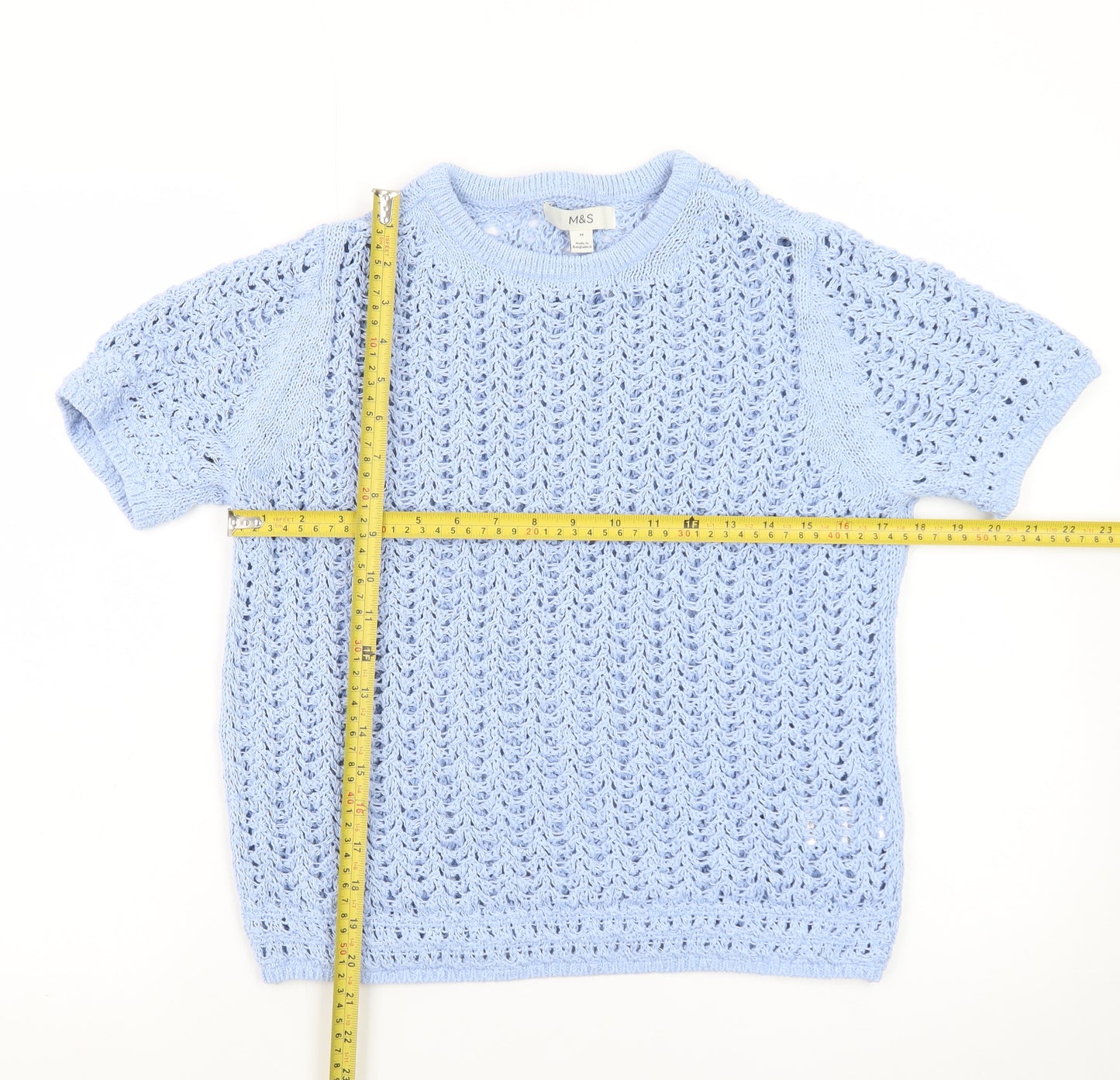 Marks and Spencer Women's Blue Open Knit Short Sleeve Jumper M
