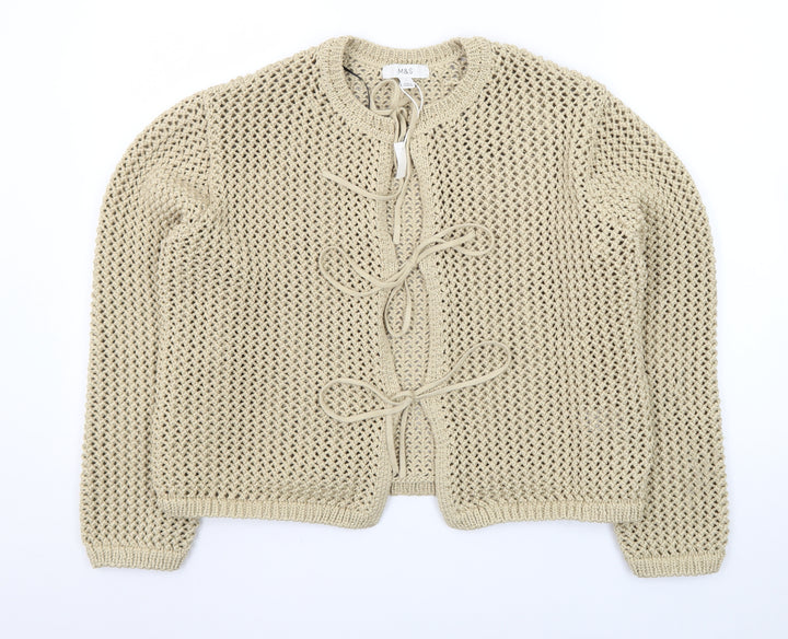 Marks and Spencer Women Beige Open-Knit Cotton Tie Cardigan L