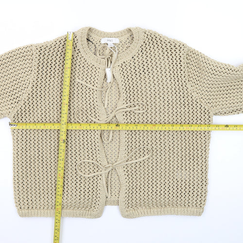 Marks and Spencer Women Beige Open-Knit Cotton Tie Cardigan L