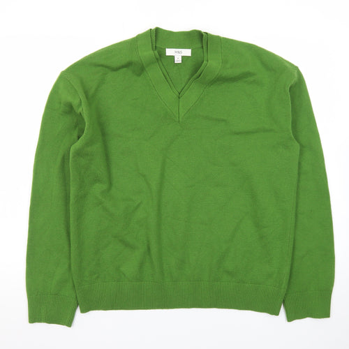 Marks and Spencer Women's Green V-Neck Cotton Jumper Size M
