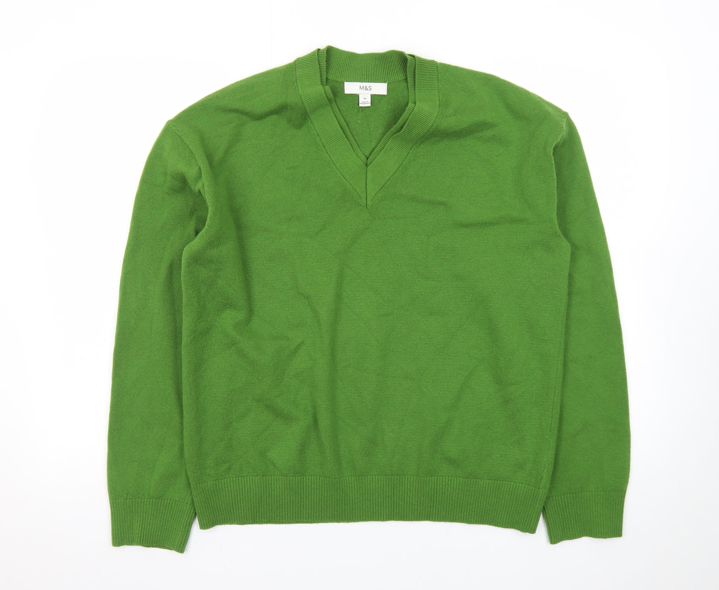Marks and Spencer Women's Green V-Neck Cotton Jumper Size M