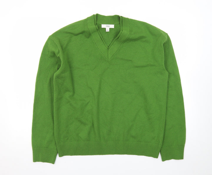 Marks and Spencer Women's Green V-Neck Cotton Jumper Size M