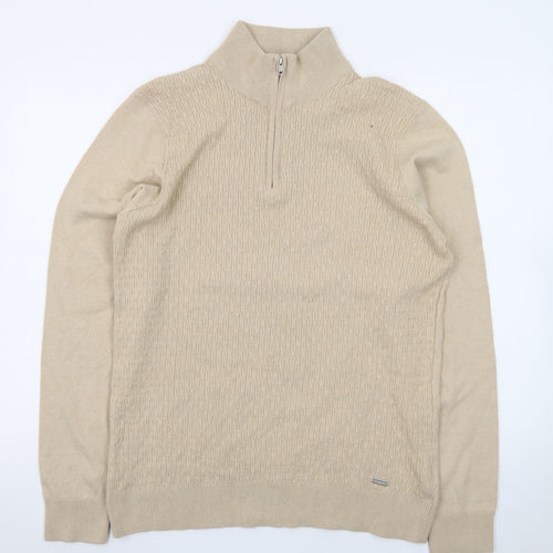 Threadbare Men's Beige 1/4 Zip Knit Jumper High Neck L