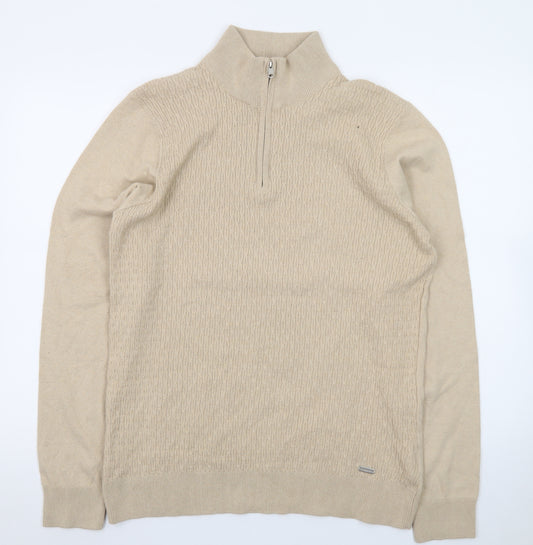 Threadbare Men's Beige 1/4 Zip Knit Jumper High Neck L