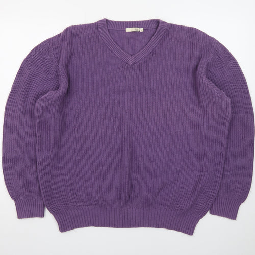 Cotton Traders Men's Purple V-Neck Cotton Knit Jumper Size L