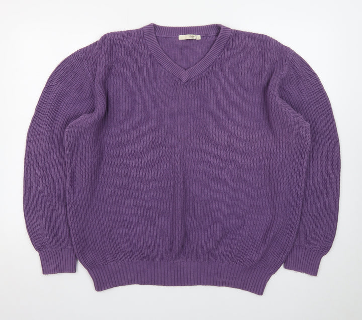 Cotton Traders Men's Purple V-Neck Cotton Knit Jumper Size L