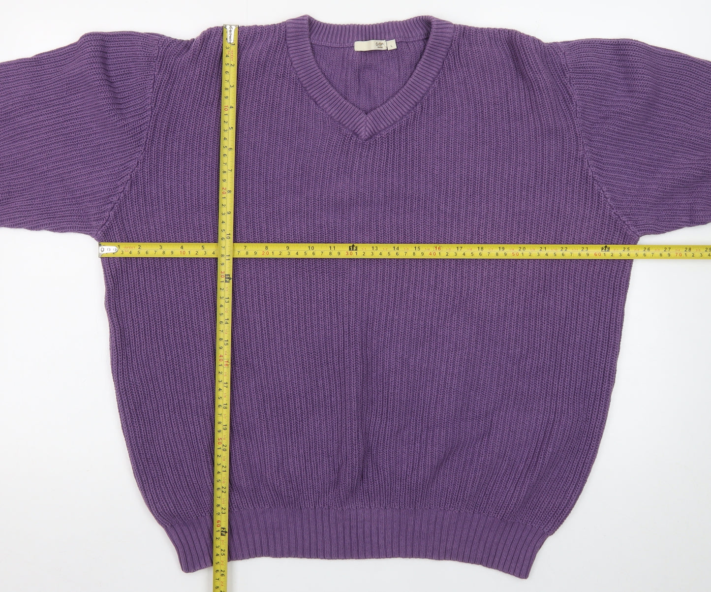 Cotton Traders Men's Purple V-Neck Cotton Knit Jumper Size L