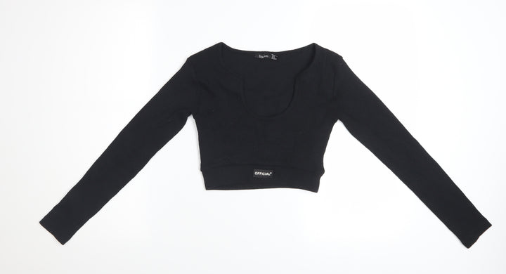 Boohoo Women's Black Cropped Long Sleeve Scoop Neck Top Size 6