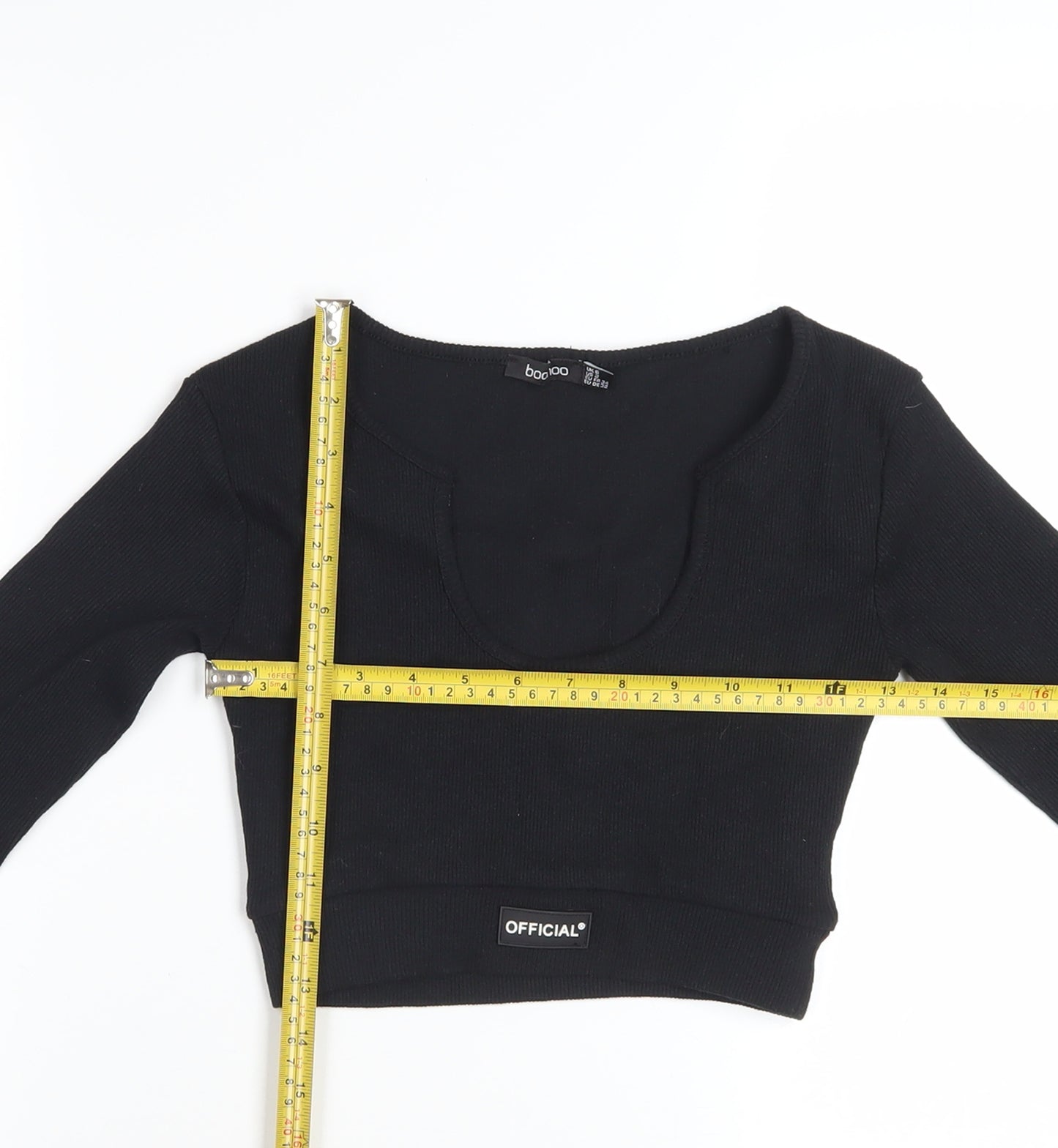Boohoo Women's Black Cropped Long Sleeve Scoop Neck Top Size 6