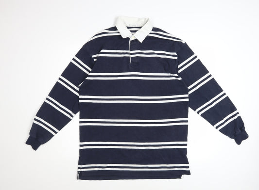 Marks and Spencer St Michael Men's Blue Striped Long Sleeve Polo M