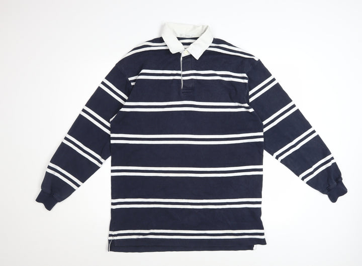 Marks and Spencer St Michael Men's Blue Striped Long Sleeve Polo M