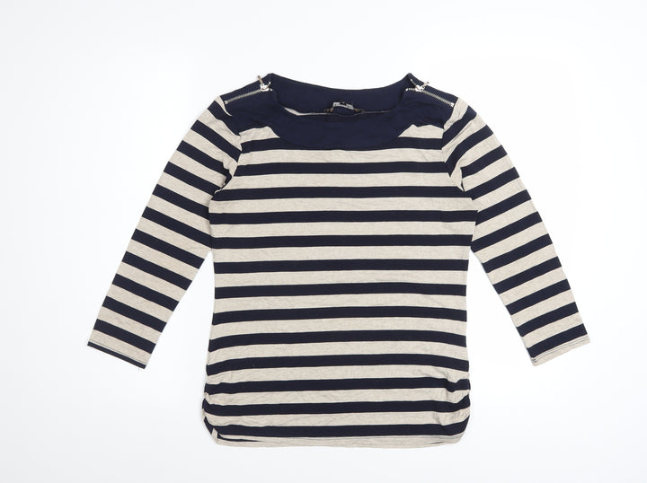 Principles by Ben de Lisi Women's Blue Beige Striped 3/4 Sleeve Boat Neck Top Size 10