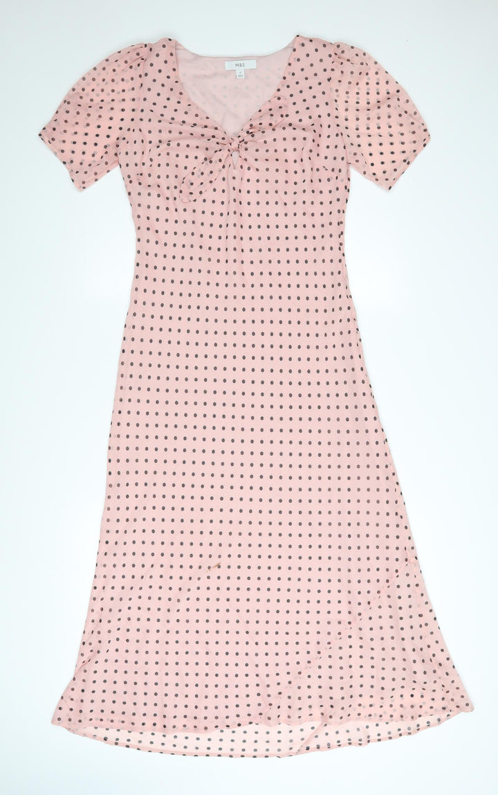 Marks and Spencer Women Pink Polka Dot Bow Midi Dress Size 10