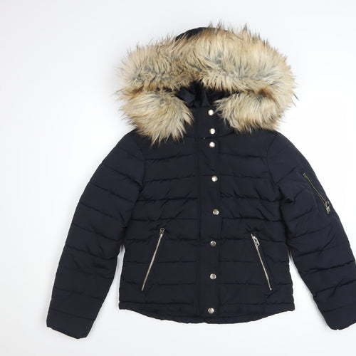 Topshop Women's Black Faux Fur Hooded Puffer Jacket Size 8