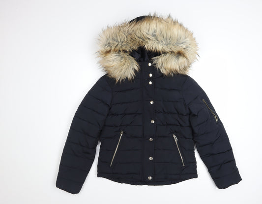 Topshop Women's Black Faux Fur Hooded Puffer Jacket Size 8