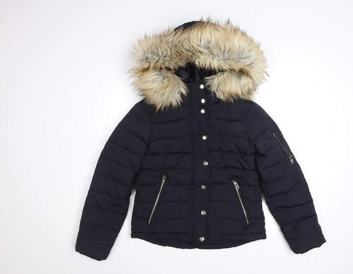 Topshop Women's Black Faux Fur Hooded Puffer Jacket Size 8