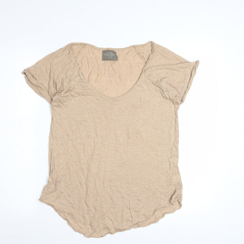 Zara Women’s Beige Linen Basic T-Shirt Size L Short Sleeve Casual Top