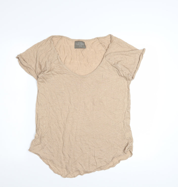 Zara Women’s Beige Linen Basic T-Shirt Size L Short Sleeve Casual Top