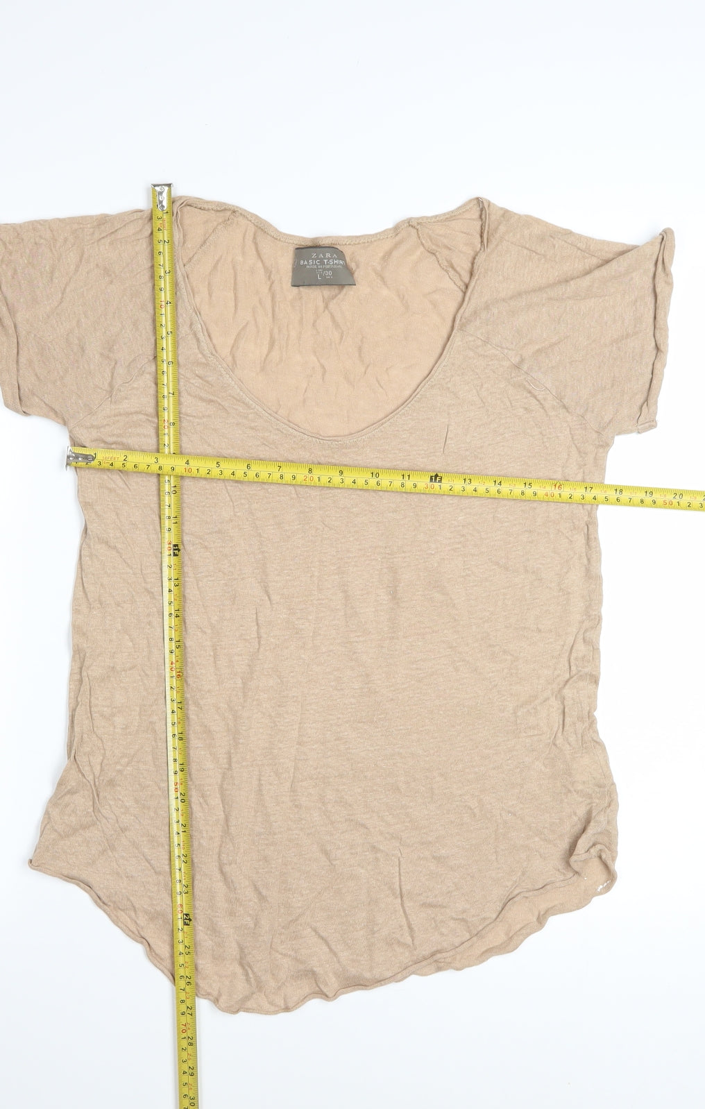 Zara Women’s Beige Linen Basic T-Shirt Size L Short Sleeve Casual Top