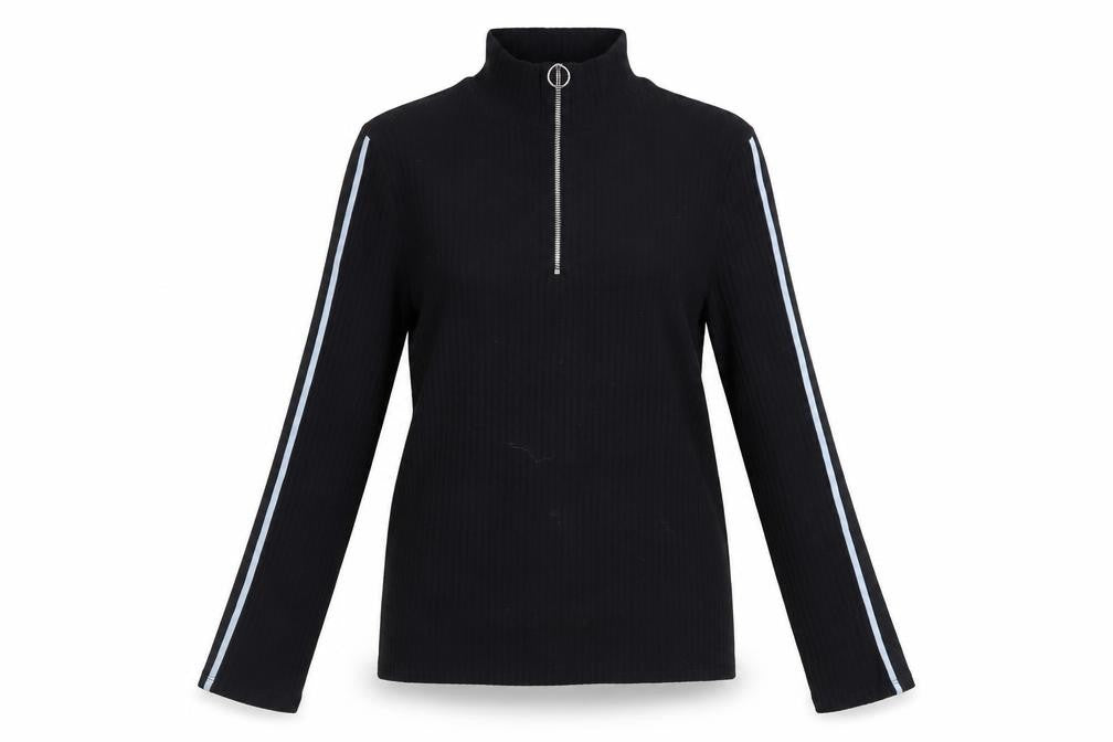 Front view of Marks & Spencer women’s black high neck zip long sleeve top, size UK 10