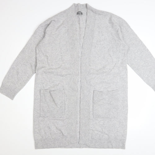 Jaeger Women Grey Wool Cashmere Long Cardigan L Open Front Pockets
