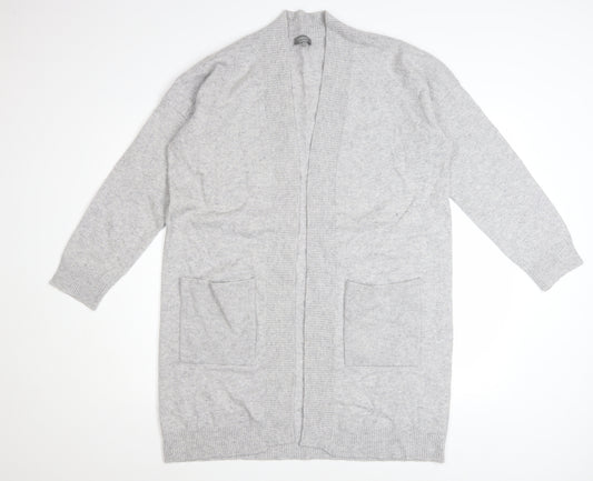 Jaeger Women Grey Wool Cashmere Long Cardigan L Open Front Pockets