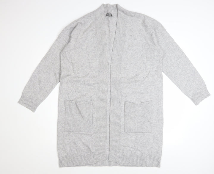 Jaeger Women Grey Wool Cashmere Long Cardigan L Open Front Pockets