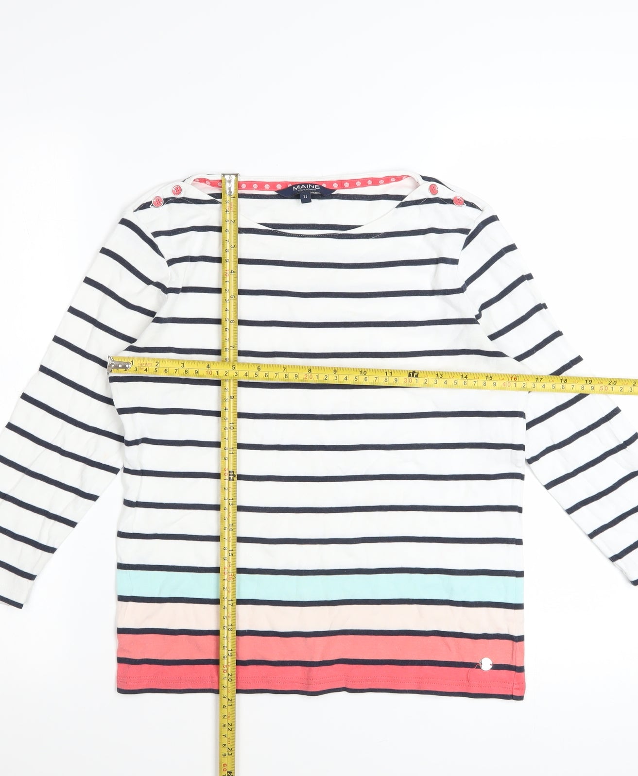 Maine New England Womens Multicoloured Striped 3/4 Sleeve Cotton Top Size 12