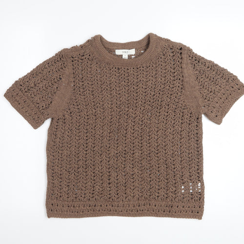 Marks and Spencer Women Brown Open-Knit Short Sleeve Cotton Jumper M