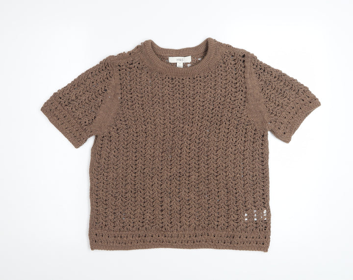 Marks and Spencer Women Brown Open-Knit Short Sleeve Cotton Jumper M