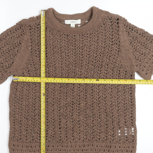 Marks and Spencer Women Brown Open-Knit Short Sleeve Cotton Jumper M