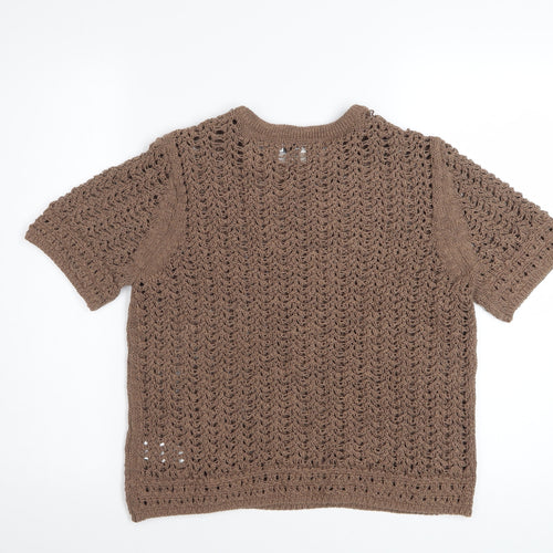 Marks and Spencer Women Brown Open-Knit Short Sleeve Cotton Jumper M