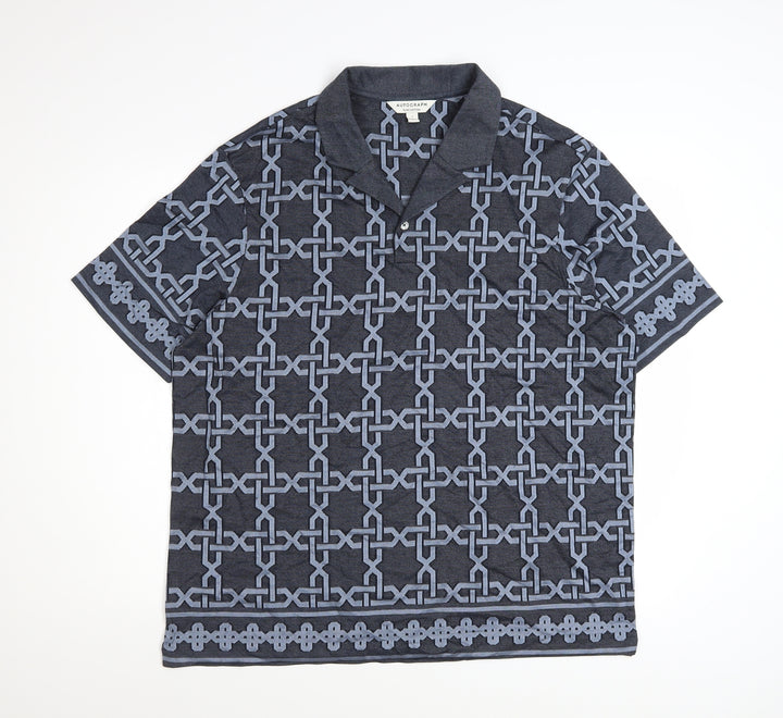 Marks and Spencer Autograph Men's Blue Geometric Cotton Polo Shirt Size L