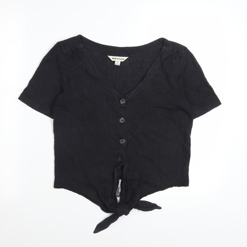 Whistles Women Black Linen Cropped Blouse S V-Neck Button Front