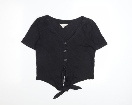 Whistles Women Black Linen Cropped Blouse S V-Neck Button Front