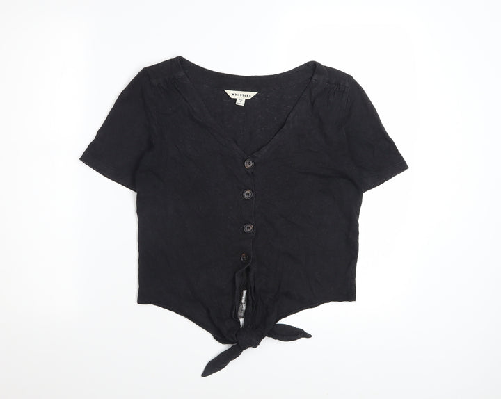 Whistles Women Black Linen Cropped Blouse S V-Neck Button Front